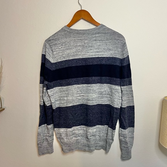NWT Express Mens Crew Neck Striped Knit Sweater Top Grey Navy Blue - Picture 3 of 11